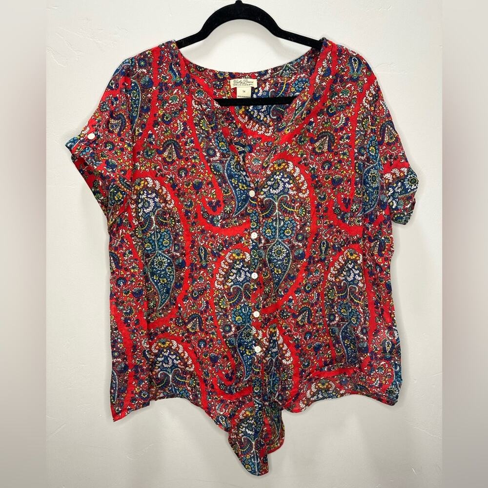 Lucky Brand Women’s Multicolored Paisley Print Tie Front Button Up Top size 1X